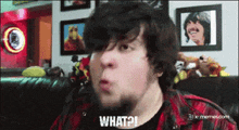 a man in a plaid shirt says " what ? "
