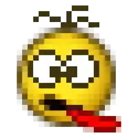 a pixel art smiley face with a red tongue