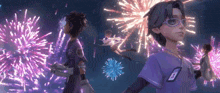 a group of cartoon characters are standing in front of fireworks
