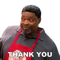 a man wearing a red apron says " thank you "