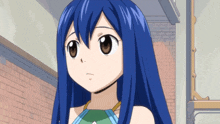 a girl with long blue hair and brown eyes