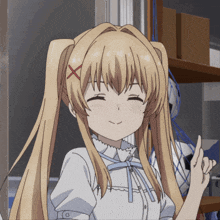 a girl with blonde hair and a red x on her head