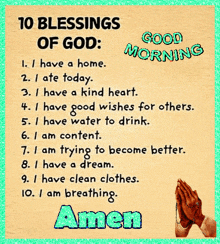 a good morning message with a picture of a person praying and a list of blessings of god .