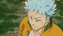 a man with blue hair and a yellow jacket