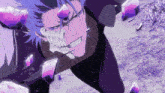 a man with a skull in his mouth is surrounded by purple crystals