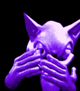 a purple statue of a cat covering its eyes with its hands