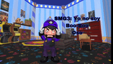 a cartoon character in a room with the words smg3 yo no soy boo boo oso above him