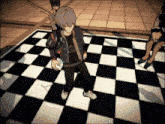 a person standing on a checkered floor holding a ball in their hand