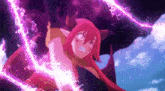 a girl with red hair and wings is fighting a monster with purple lightning coming out of her mouth .