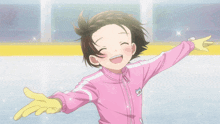 a girl in a pink jacket with a cat on it