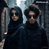 a man and a woman are standing next to each other with pixverse.ai written on the bottom