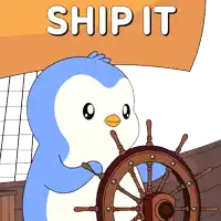 a cartoon of a penguin steering a ship with the words ship it above it