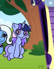 a cartoon drawing of a purple unicorn standing next to another unicorn