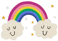 a rainbow is surrounded by clouds with faces drawn on them and stars