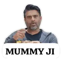 a sticker of a man eating with the words mummy ji on it