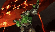 a green hulk is standing in front of a fireball .