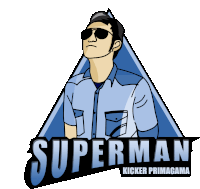 a logo for superman kicker primagama shows a man wearing sunglasses and a blue shirt