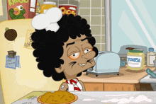 a cartoon of a man in a chef 's hat with a bowl of food in front of him
