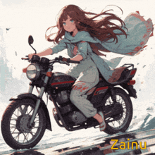a girl riding a motorcycle with the name zainu on the bottom right