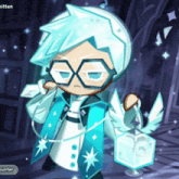 a cartoon character with white hair and glasses is holding a light