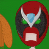 a cartoon character is wearing a red mask with horns and green eyes