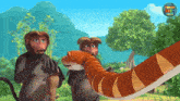 a cartoon scene with monkeys and a snake with the word jungle on the bottom right