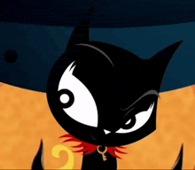 a black cat with white eyes and a red collar has a key around its neck