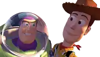 woody and buzz lightyear from toy story are smiling for the camera