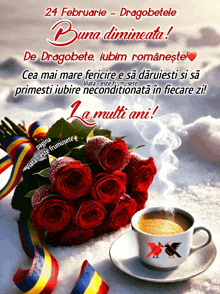 a bouquet of red roses and a cup of coffee on a saucer