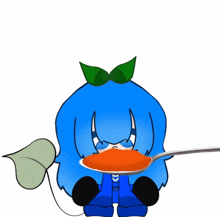 a cartoon of a girl with blue hair holding a spoon full of red liquid