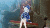 a video game character is sitting on a throne