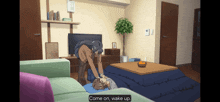 a cartoon scene with the words come on wake up at the top