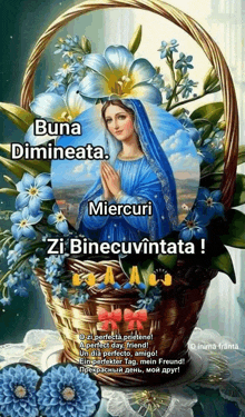 a painting of a woman in a blue robe with flowers in a basket
