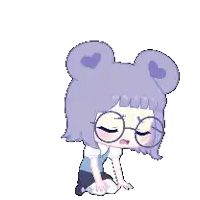 a pixel art drawing of a girl wearing glasses and a purple hat with hearts on it