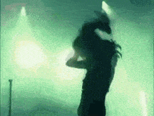 a silhouette of a person standing in front of a microphone on a stage