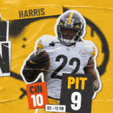 a poster of a football player named harris holding a ball