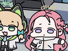 a cartoon drawing of a girl with pink hair and a cat ear