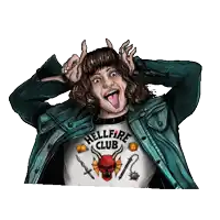 a woman wearing a shirt that says hellfire club making a funny face
