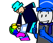 a drawing of a person giving a thumbs up next to another person