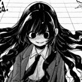 a black and white drawing of a girl with very long hair