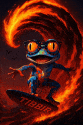 a frog with glasses is riding a surfboard that says tibbir