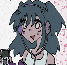 a cartoon drawing of a girl wearing headphones and holding a mp3 player
