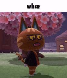a cartoon cat is standing in front of a cherry blossom tree and the word whar is above it