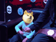 a child with a doge head on their face