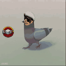 a pigeon wearing a white hat and sunglasses is standing in front of a rf logo