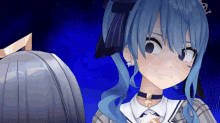 a girl with blue hair and a star on her neck
