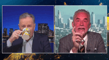 a man drinking from a mug with a picture of a man on it