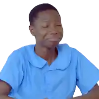 a girl in a blue shirt is making a funny face