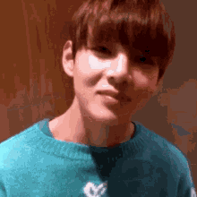 a young man with brown hair is wearing a blue sweater and looking at the camera .