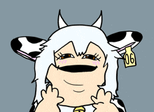 a cartoon drawing of a cow with a tag that says 06